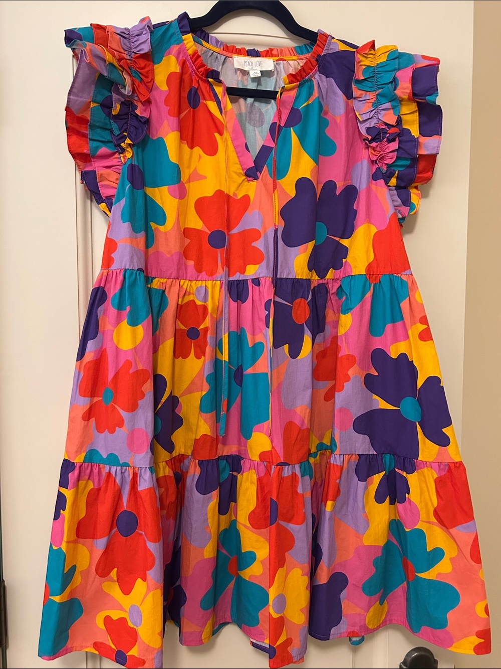 Peach Love California Colorful Floral Ruffle Sleeve Dress for August Heat